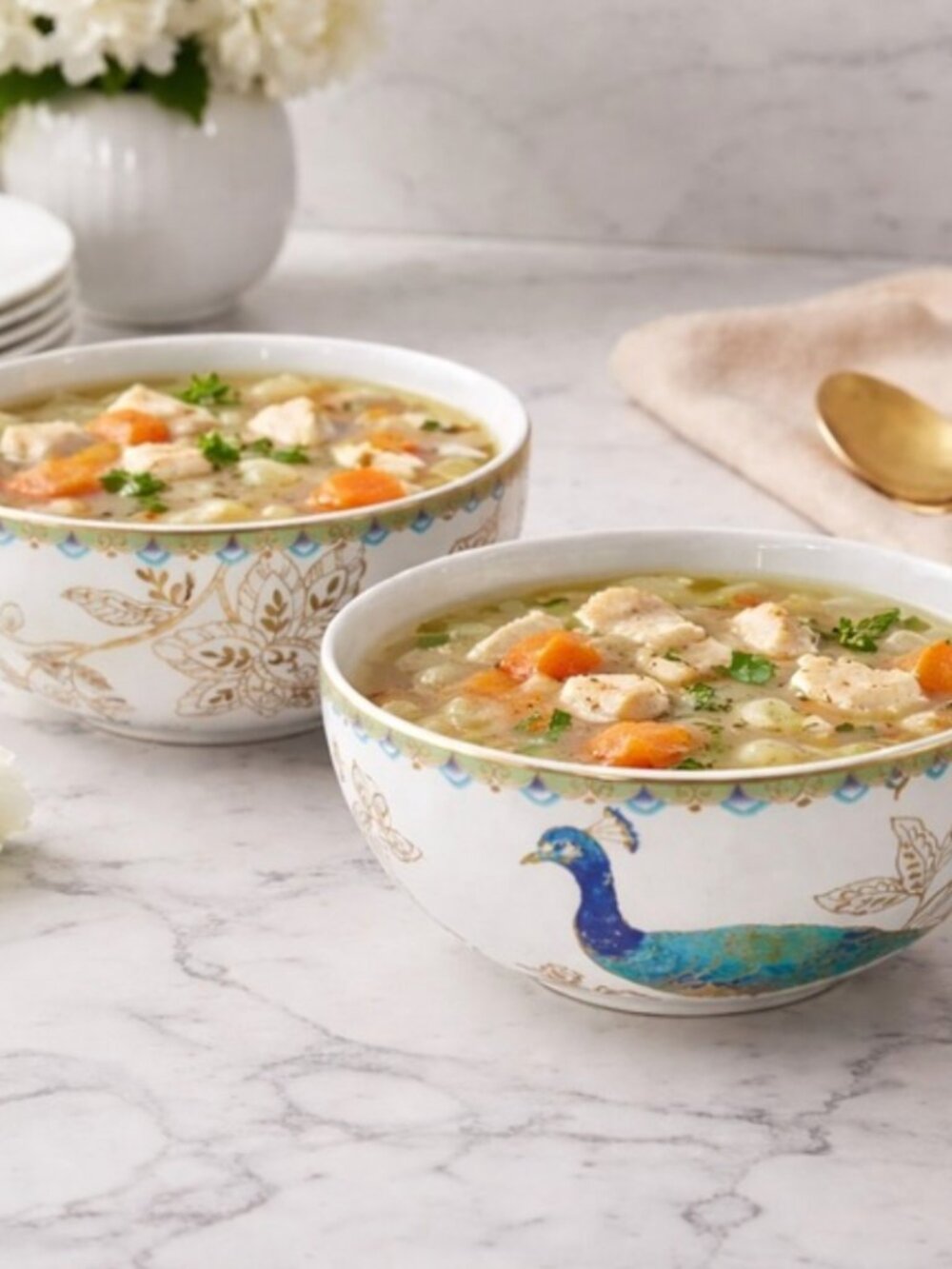 222 Fifth Peacock Garden Soup Cereal Bowls Fine China Porcelain Gold Trim x 2 - Picture 2 of 16